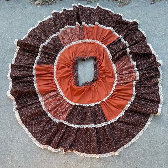 Vintage 70s 80s Orange Brown Calico Floral Ruffle Lace Circle Square Dance Skirt - Picture 2 of 8